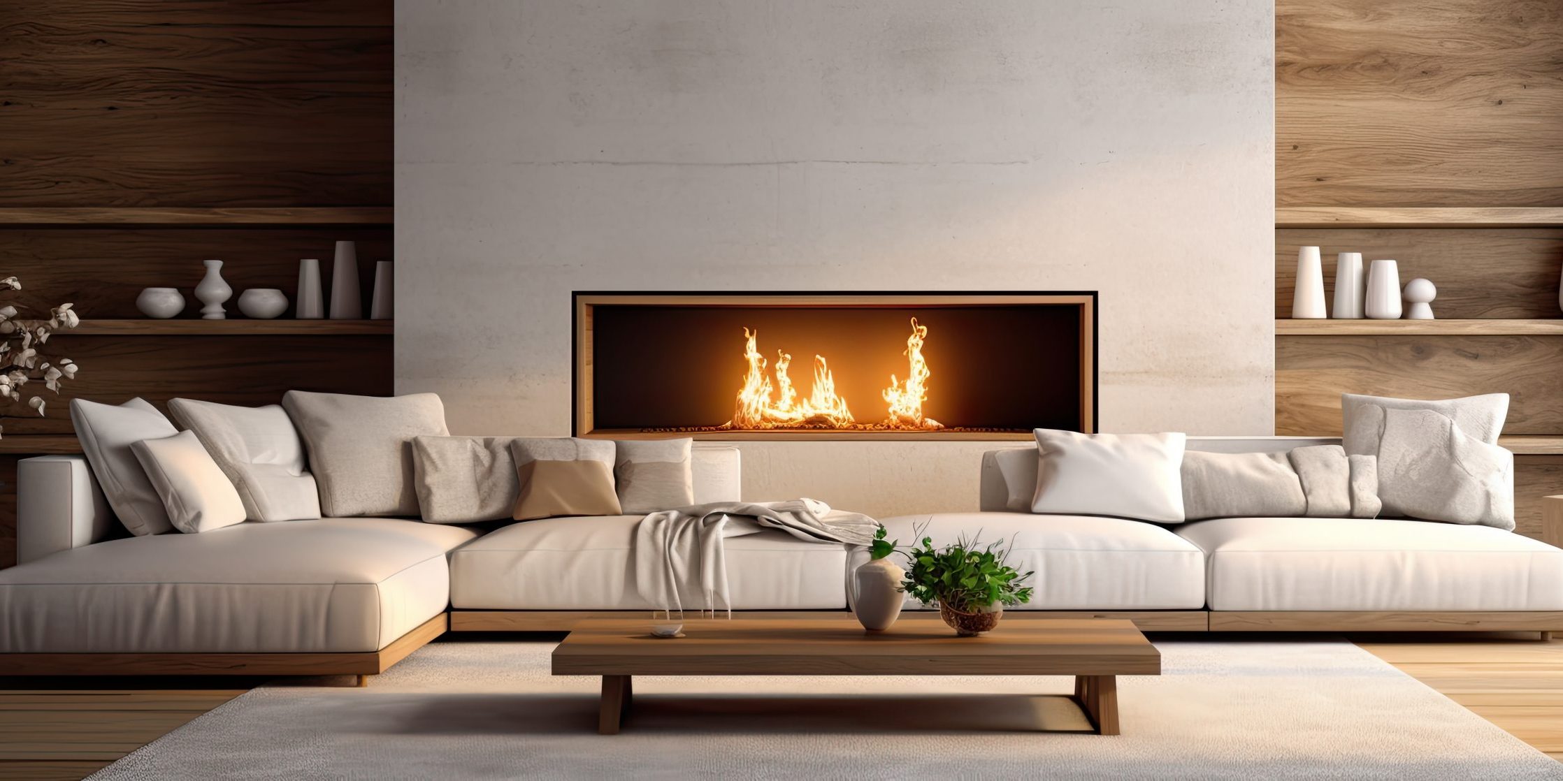 Modern elegant and luxurious interior design creating a warm and bright living room ambiance with a fireplace wood furniture and ample seating space With copyspace for text